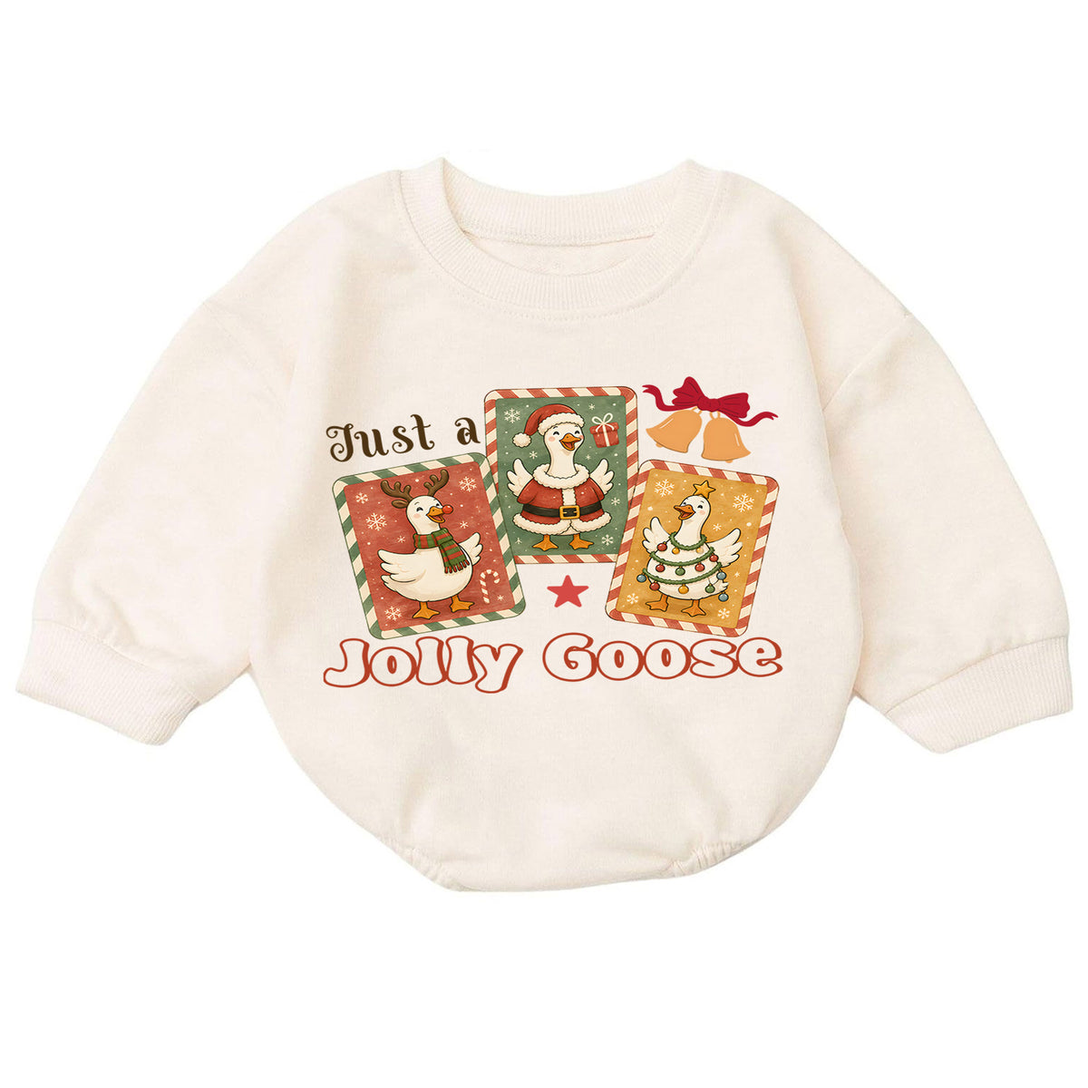 Just a Jolly Goose Christmas Baby Romper, Retro Goose Holiday Outfit, Toddler Xmas Romper, Cute 1st Christmas Gift for Baby — product view 7