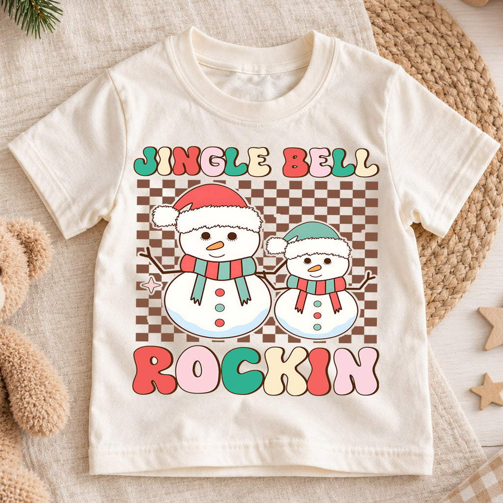 Jingle Bell Rockin Kids Christmas Shirt, Retro Snowman Holiday Tee, Checkerboard Xmas T Shirt, Cute Winter Gift for Kids — product view 1