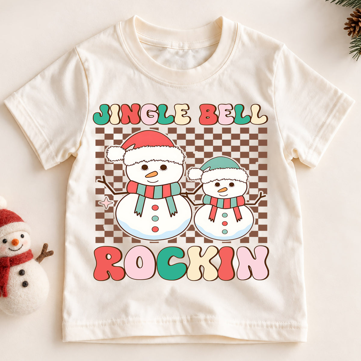 Jingle Bell Rockin Kids Christmas Shirt, Retro Snowman Holiday Tee, Checkerboard Xmas T Shirt, Cute Winter Gift for Kids — product view 2