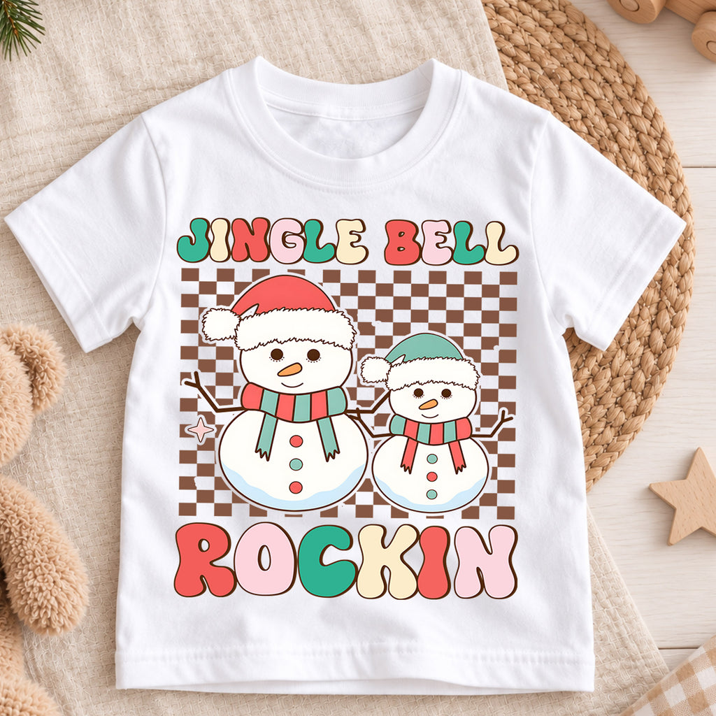 Jingle Bell Rockin Kids Christmas Shirt, Retro Snowman Holiday Tee, Checkerboard Xmas T Shirt, Cute Winter Gift for Kids — product view 3