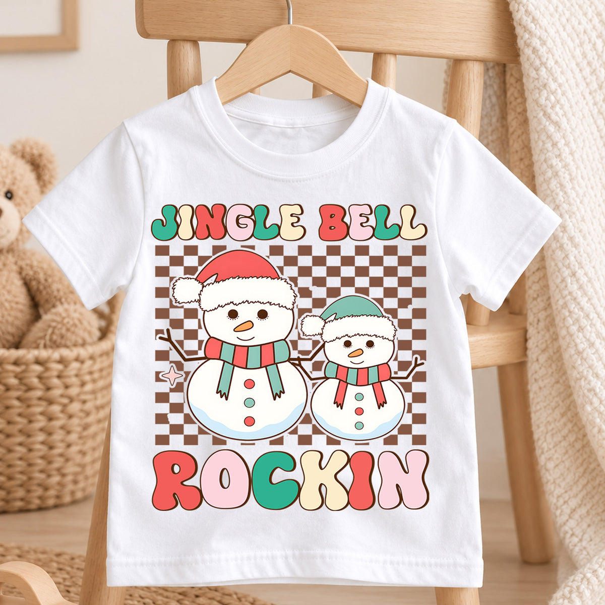 Jingle Bell Rockin Kids Christmas Shirt, Retro Snowman Holiday Tee, Checkerboard Xmas T Shirt, Cute Winter Gift for Kids — product view 4