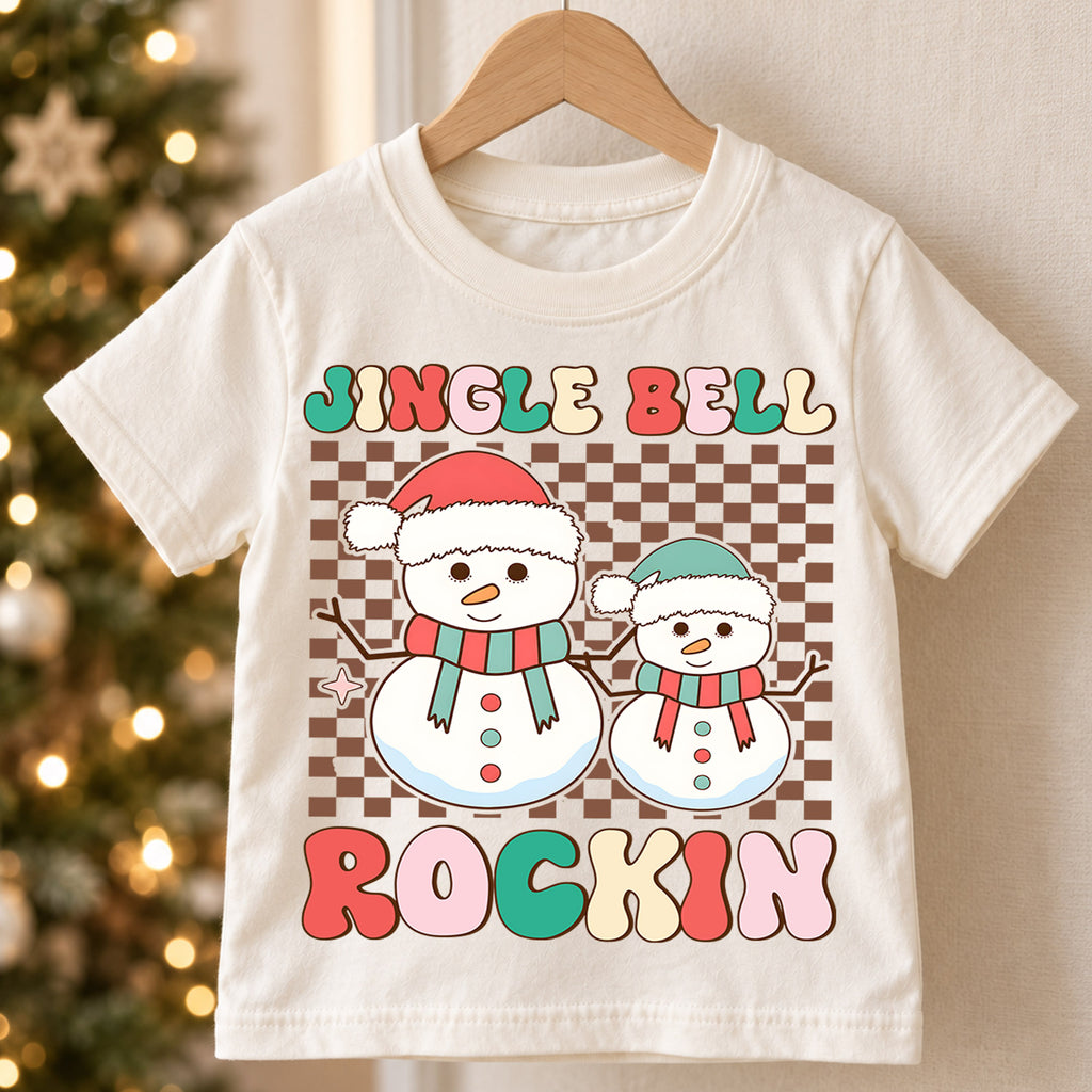 Jingle Bell Rockin Kids Christmas Shirt, Retro Snowman Holiday Tee, Checkerboard Xmas T Shirt, Cute Winter Gift for Kids — product view 5