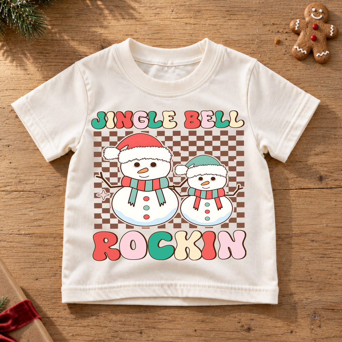 Jingle Bell Rockin Kids Christmas Shirt, Retro Snowman Holiday Tee, Checkerboard Xmas T Shirt, Cute Winter Gift for Kids — product view 6