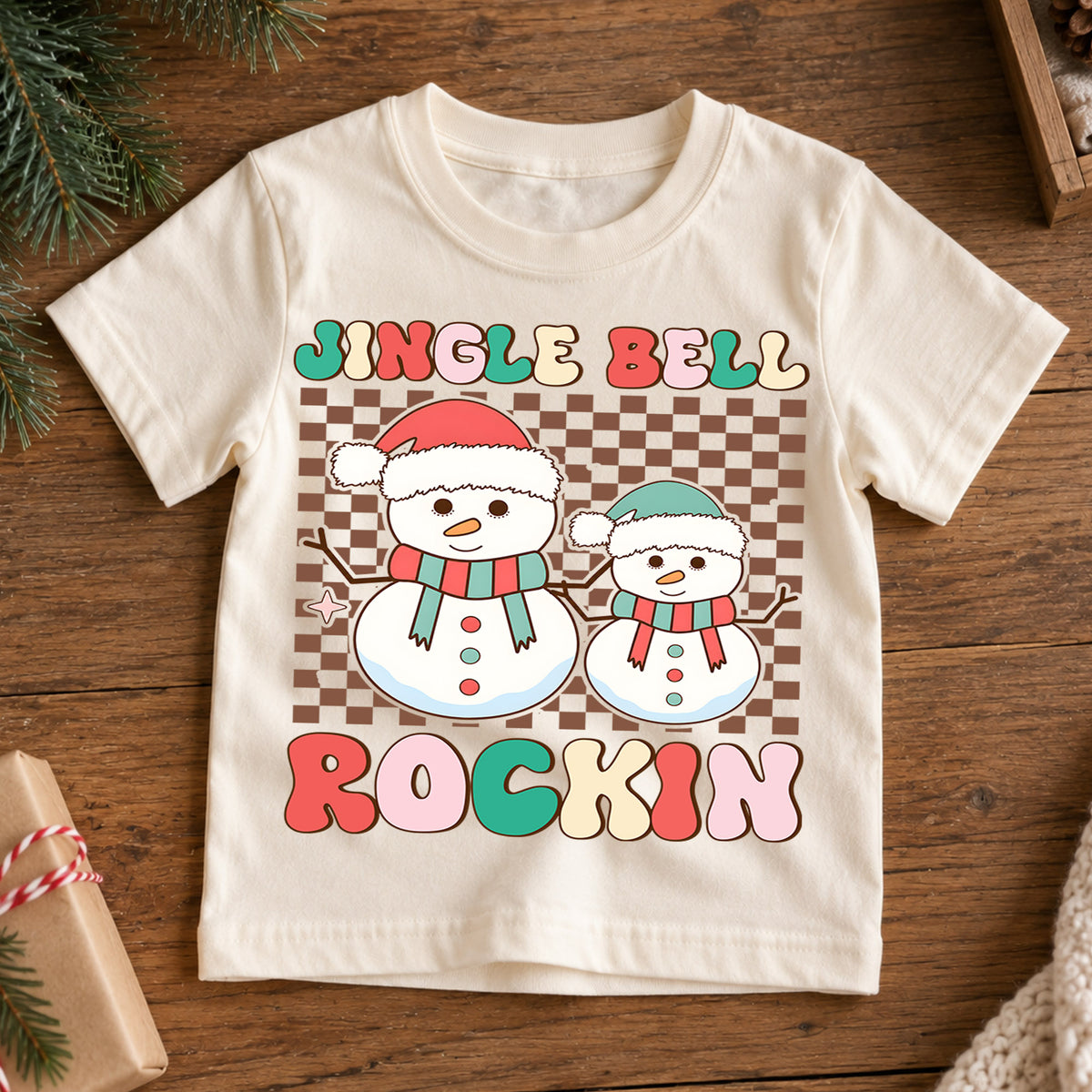 Jingle Bell Rockin Kids Christmas Shirt, Retro Snowman Holiday Tee, Checkerboard Xmas T Shirt, Cute Winter Gift for Kids — product view 7