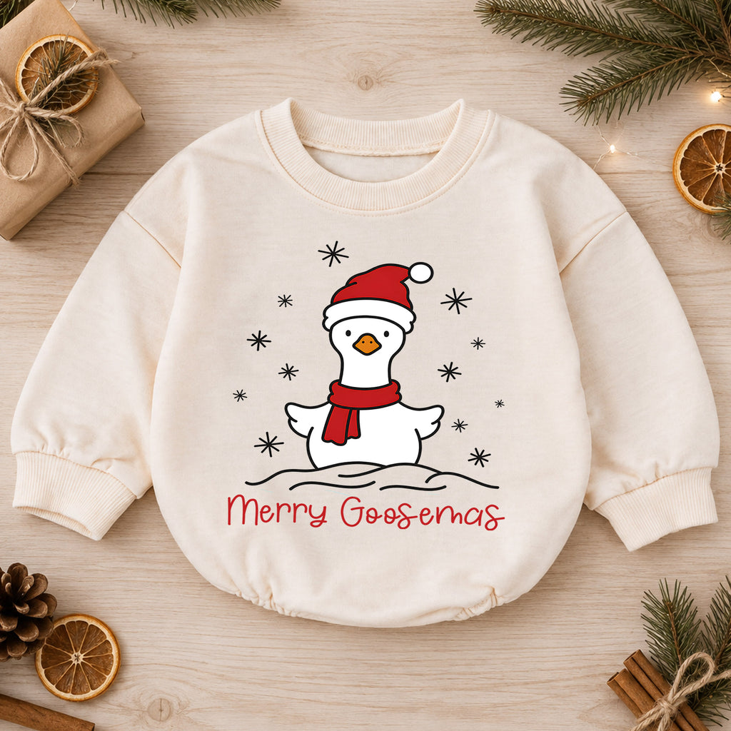 Merry Goosemas Christmas Goose Romper, Cute Santa Goose Holiday Romper, Funny Farm Christmas Outfit, Xmas Gift for Baby — product view 1