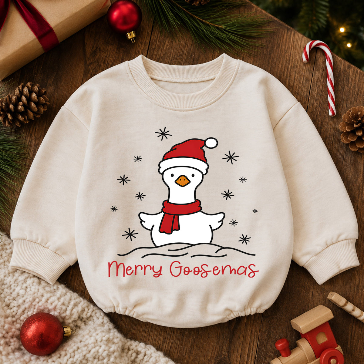 Merry Goosemas Christmas Goose Romper, Cute Santa Goose Holiday Romper, Funny Farm Christmas Outfit, Xmas Gift for Baby — product view 6