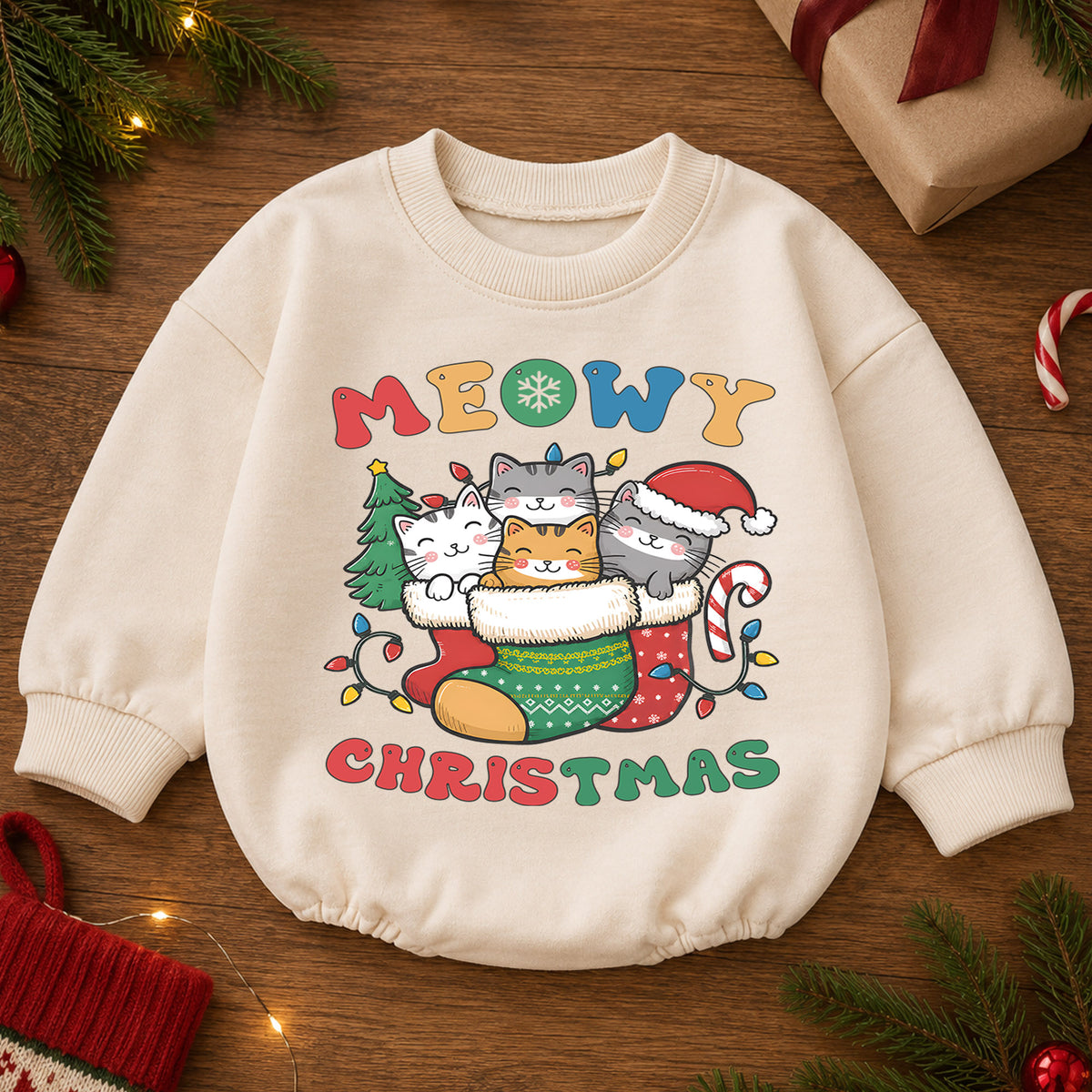 Meowy Christmas Cat Baby Romper, Kittens in Stocking Holiday Outfit, Cute Kitty Christmas Romper, Cat Lover Xmas Gift for Baby — product view 2