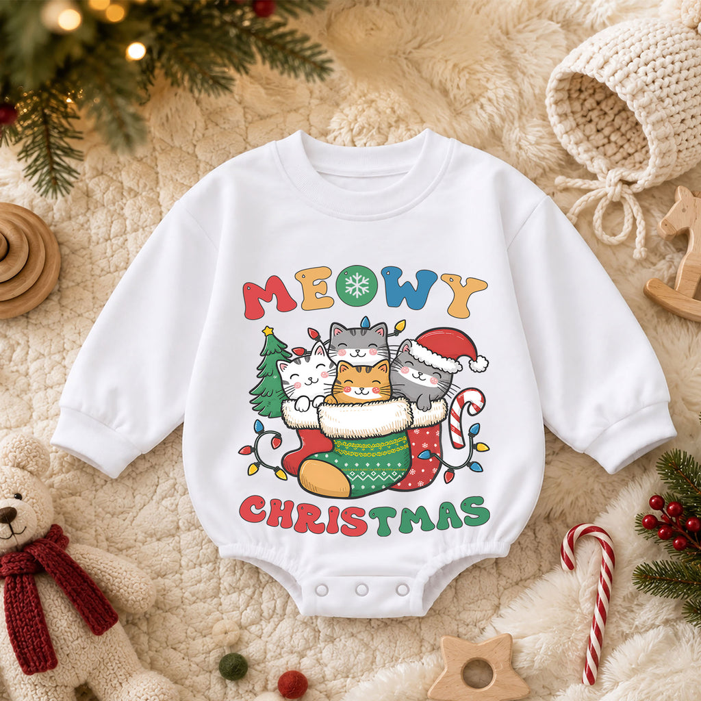 Meowy Christmas Cat Baby Romper, Kittens in Stocking Holiday Outfit, Cute Kitty Christmas Romper, Cat Lover Xmas Gift for Baby — product view 3