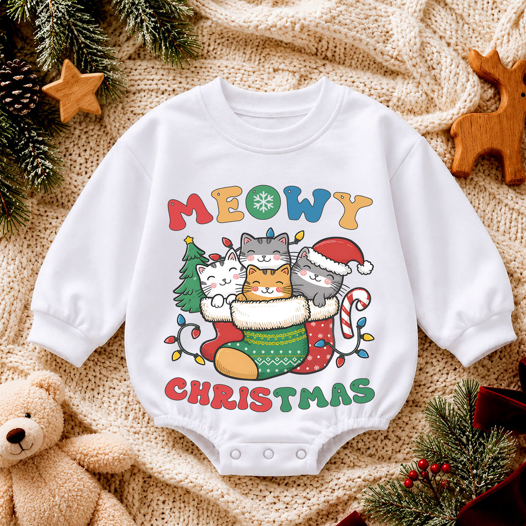 Meowy Christmas Cat Baby Romper, Kittens in Stocking Holiday Outfit, Cute Kitty Christmas Romper, Cat Lover Xmas Gift for Baby — product view 4