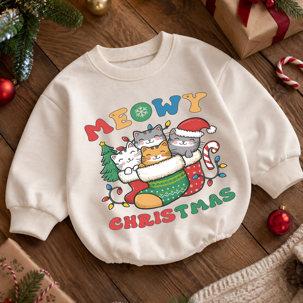 Meowy Christmas Cat Baby Romper, Kittens in Stocking Holiday Outfit, Cute Kitty Christmas Romper, Cat Lover Xmas Gift for Baby — product view 5