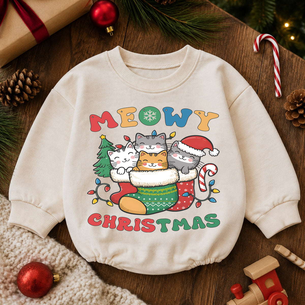 Meowy Christmas Cat Baby Romper, Kittens in Stocking Holiday Outfit, Cute Kitty Christmas Romper, Cat Lover Xmas Gift for Baby — product view 6