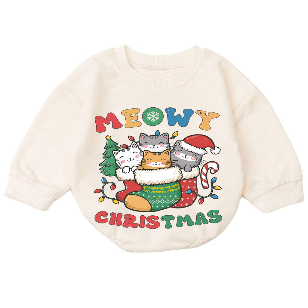 Meowy Christmas Cat Baby Romper, Kittens in Stocking Holiday Outfit, Cute Kitty Christmas Romper, Cat Lover Xmas Gift for Baby — product view 7