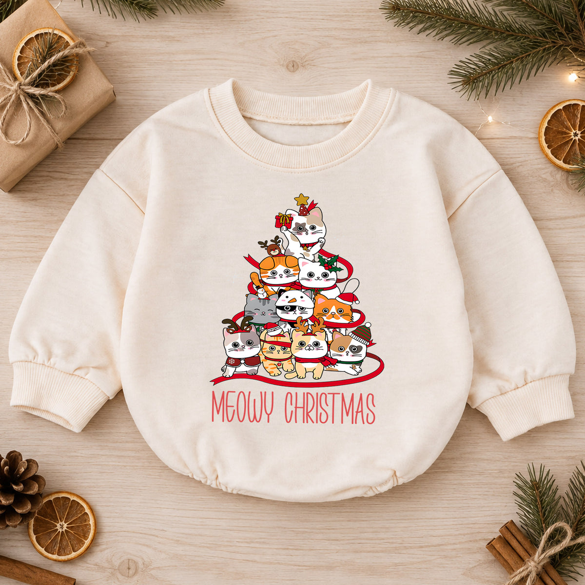 Meowy Christmas Cat Tree Baby Romper, Cute Christmas Kittens Holiday Outfit, Festive Cat Lover Xmas Romper Gift for Baby — product view 1