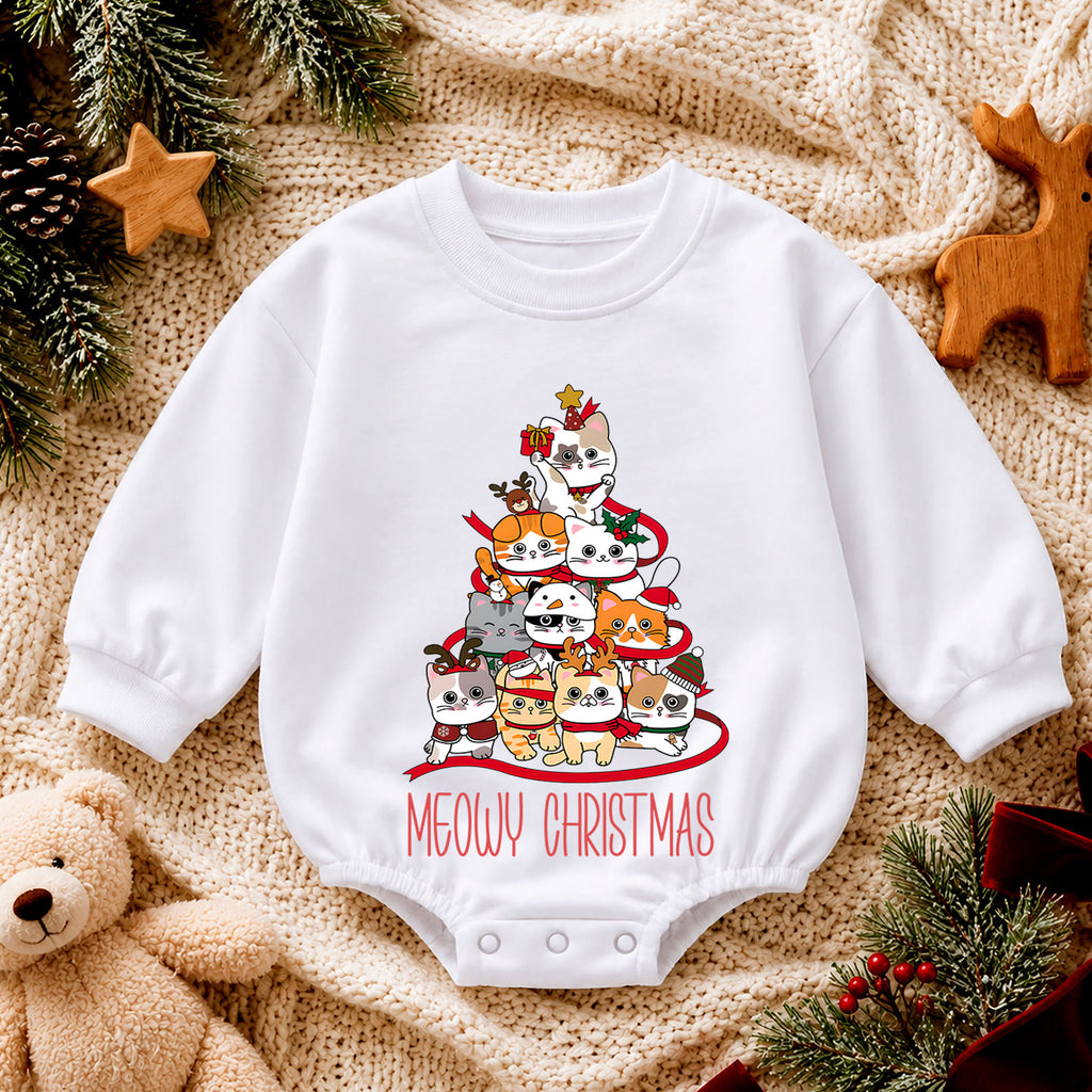 Meowy Christmas Cat Tree Baby Romper, Cute Christmas Kittens Holiday Outfit, Festive Cat Lover Xmas Romper Gift for Baby — product view 4