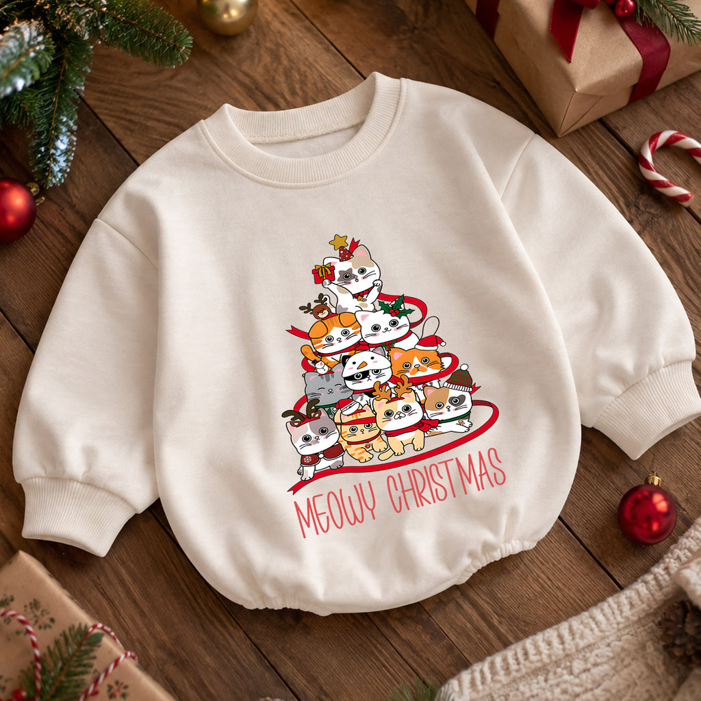 Meowy Christmas Cat Tree Baby Romper, Cute Christmas Kittens Holiday Outfit, Festive Cat Lover Xmas Romper Gift for Baby — product view 5
