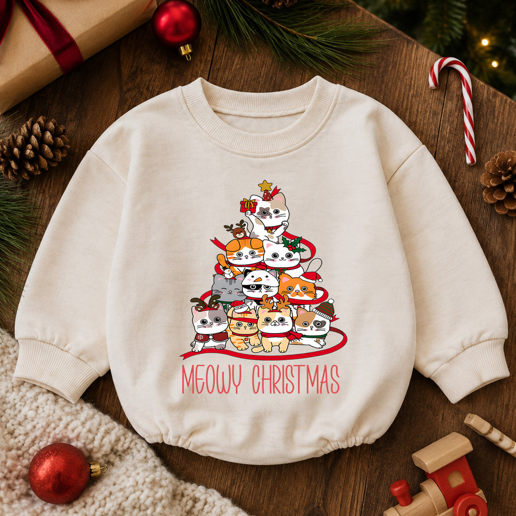 Meowy Christmas Cat Tree Baby Romper, Cute Christmas Kittens Holiday Outfit, Festive Cat Lover Xmas Romper Gift for Baby — product view 6