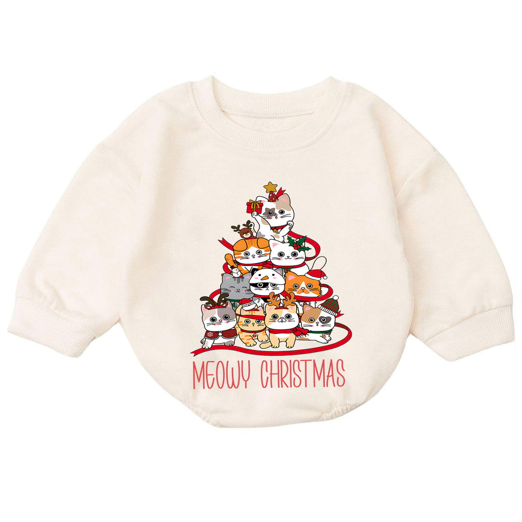 Meowy Christmas Cat Tree Baby Romper, Cute Christmas Kittens Holiday Outfit, Festive Cat Lover Xmas Romper Gift for Baby — product view 7