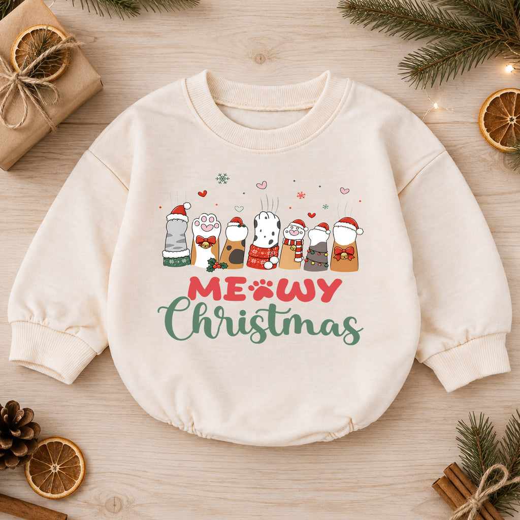 Meowy Christmas Cat Paws Baby Romper, 1st Funny Kitty Holiday Outfit, Christmas Cat Lover Romper, Cute Xmas Gift for Baby — product view 1