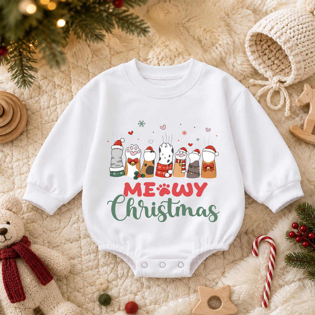 Meowy Christmas Cat Paws Baby Romper, 1st Funny Kitty Holiday Outfit, Christmas Cat Lover Romper, Cute Xmas Gift for Baby — product view 3