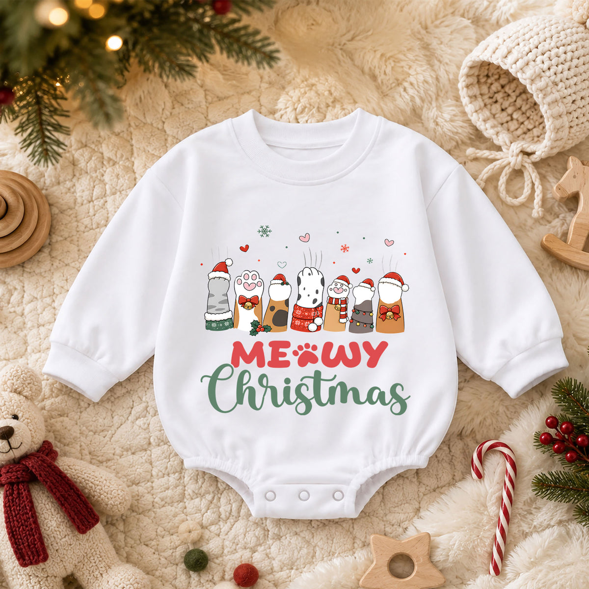 Meowy Christmas Cat Paws Baby Romper, 1st Funny Kitty Holiday Outfit, Christmas Cat Lover Romper, Cute Xmas Gift for Baby — product view 3