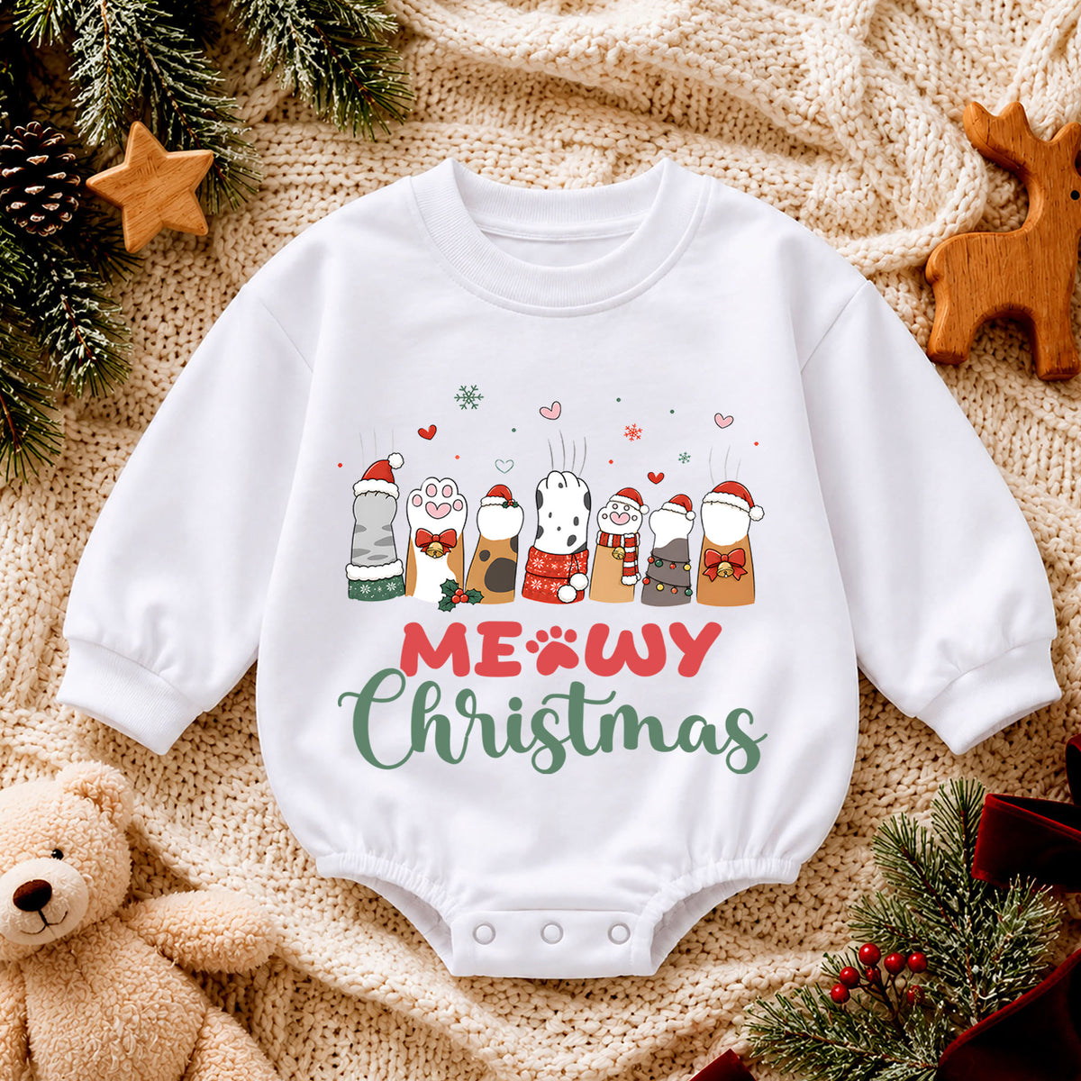 Meowy Christmas Cat Paws Baby Romper, 1st Funny Kitty Holiday Outfit, Christmas Cat Lover Romper, Cute Xmas Gift for Baby — product view 4