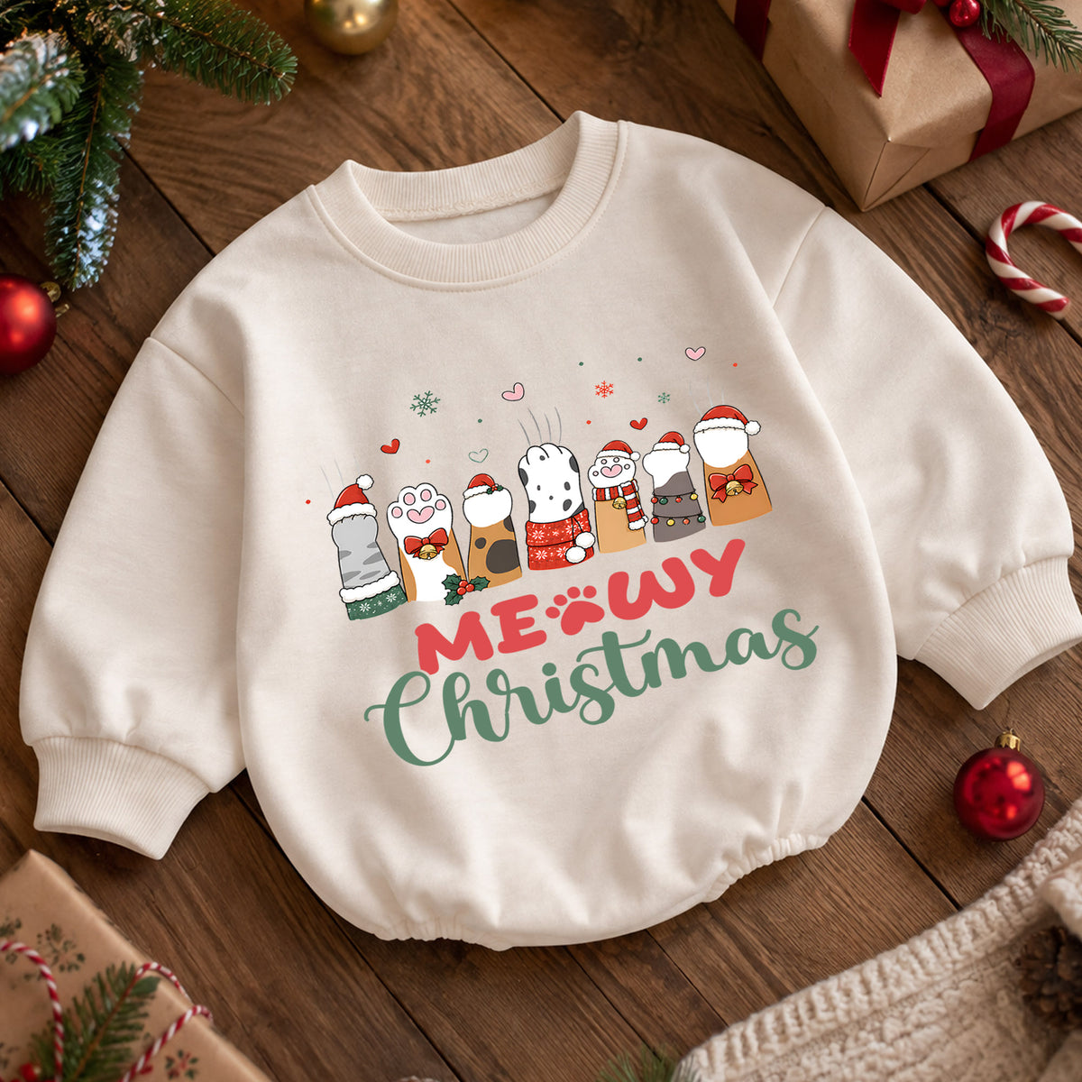 Meowy Christmas Cat Paws Baby Romper, 1st Funny Kitty Holiday Outfit, Christmas Cat Lover Romper, Cute Xmas Gift for Baby — product view 5