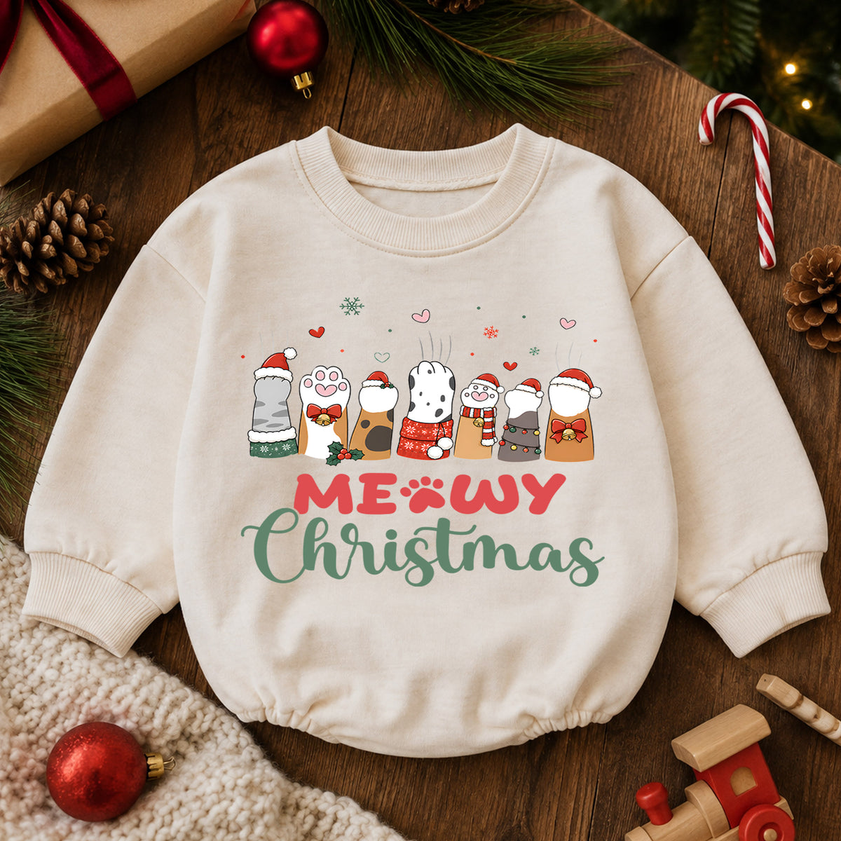 Meowy Christmas Cat Paws Baby Romper, 1st Funny Kitty Holiday Outfit, Christmas Cat Lover Romper, Cute Xmas Gift for Baby — product view 6
