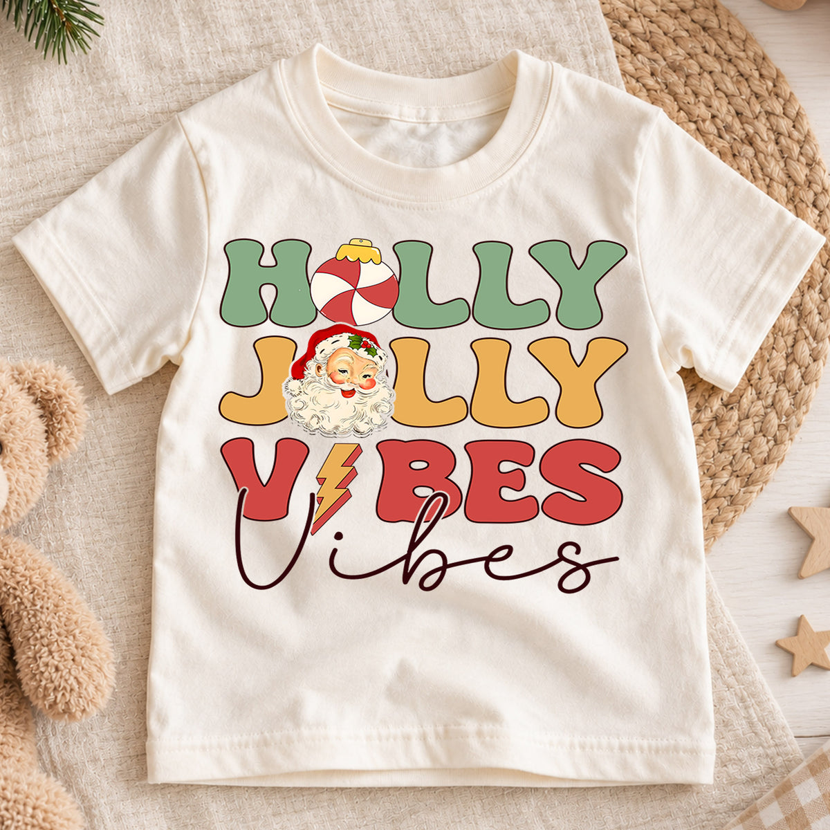 Holly Jolly Vibes Kids Christmas Shirt, Vintage Santa Holiday Tee, Retro Christmas T Shirt, Cute Festive Xmas Gift for Kids — product view 1