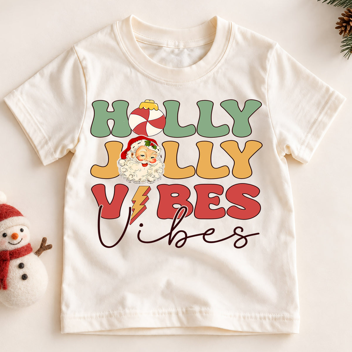 Holly Jolly Vibes Kids Christmas Shirt, Vintage Santa Holiday Tee, Retro Christmas T Shirt, Cute Festive Xmas Gift for Kids — product view 2