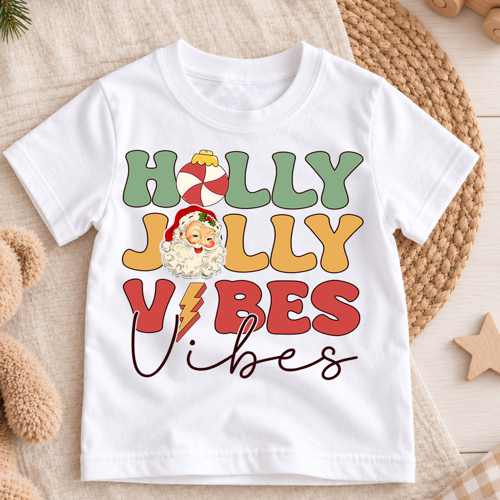 Holly Jolly Vibes Kids Christmas Shirt, Vintage Santa Holiday Tee, Retro Christmas T Shirt, Cute Festive Xmas Gift for Kids — product view 3