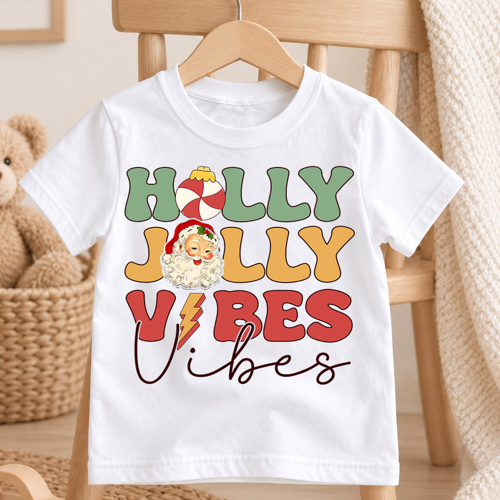 Holly Jolly Vibes Kids Christmas Shirt, Vintage Santa Holiday Tee, Retro Christmas T Shirt, Cute Festive Xmas Gift for Kids — product view 4