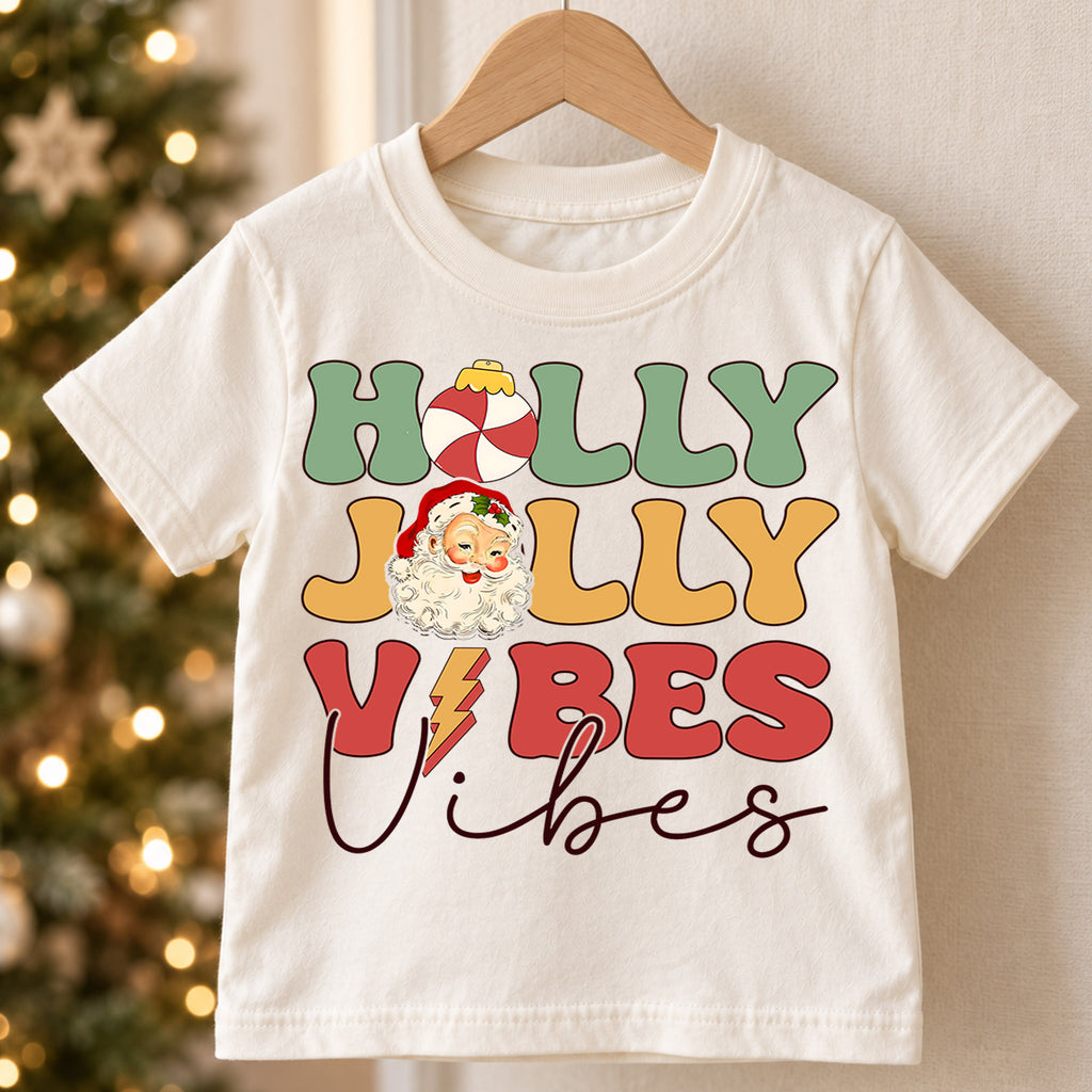 Holly Jolly Vibes Kids Christmas Shirt, Vintage Santa Holiday Tee, Retro Christmas T Shirt, Cute Festive Xmas Gift for Kids — product view 5