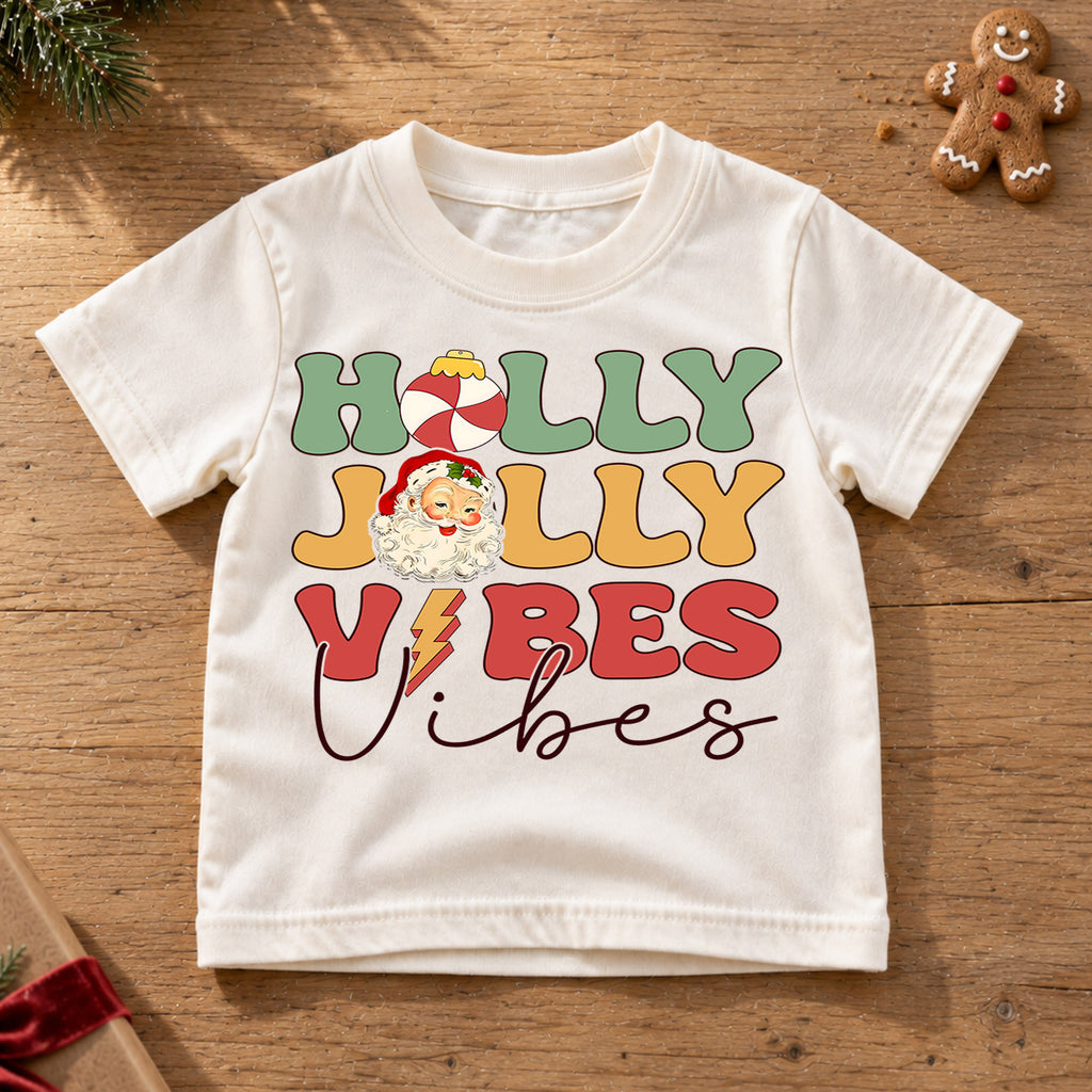 Holly Jolly Vibes Kids Christmas Shirt, Vintage Santa Holiday Tee, Retro Christmas T Shirt, Cute Festive Xmas Gift for Kids — product view 6