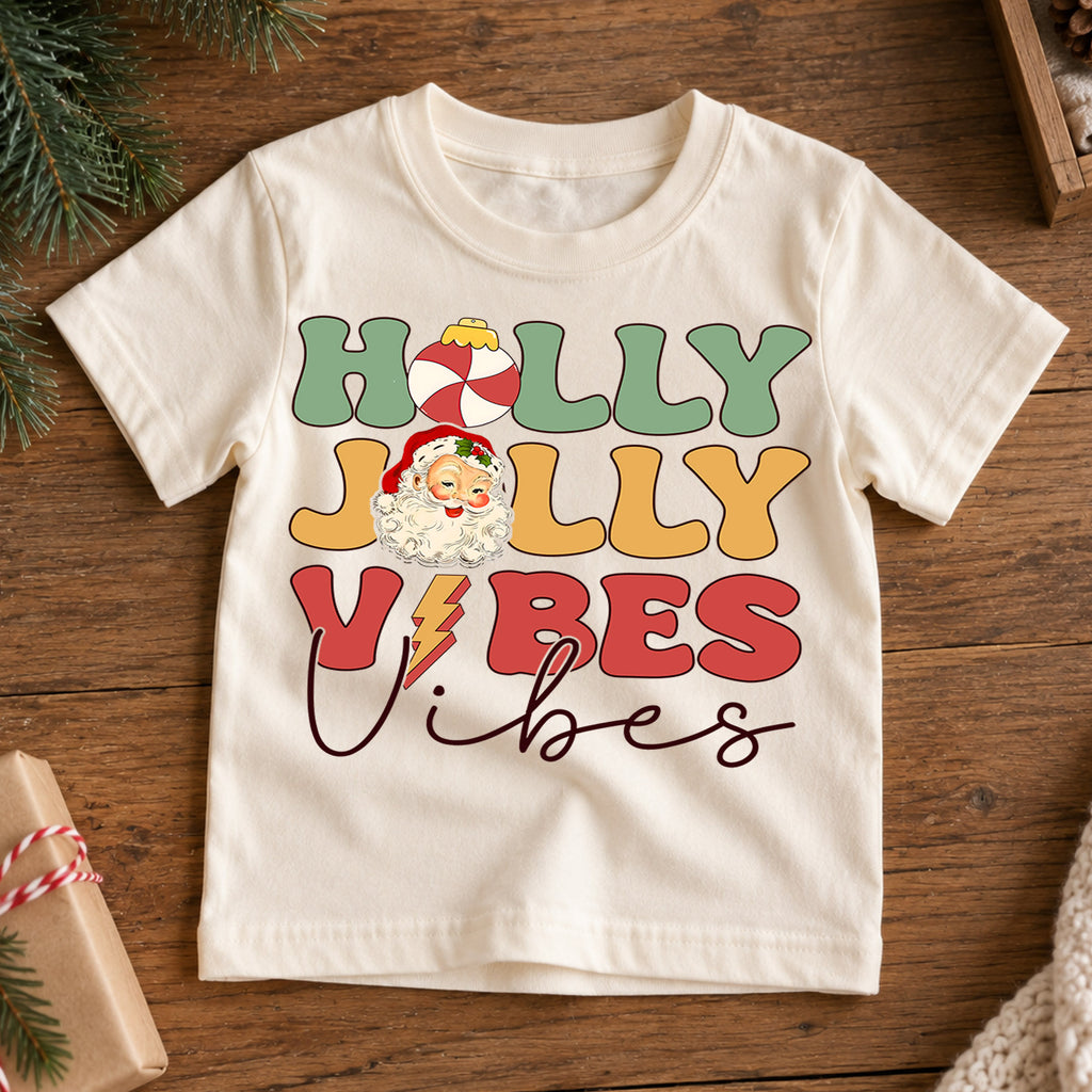 Holly Jolly Vibes Kids Christmas Shirt, Vintage Santa Holiday Tee, Retro Christmas T Shirt, Cute Festive Xmas Gift for Kids — product view 7