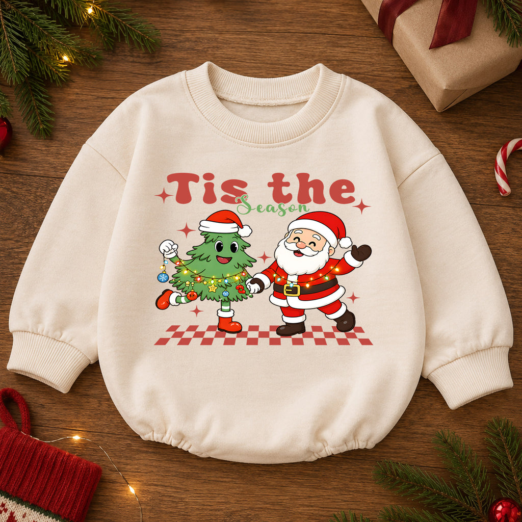 Tis the Season Christmas Baby Romper, Santa Christmas Tree Holiday Outfit, Toddler Xmas Romper, Cute 1st Christmas Gift for Baby — product view 2