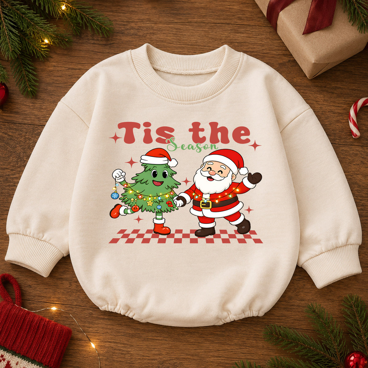 Tis the Season Christmas Baby Romper, Santa Christmas Tree Holiday Outfit, Toddler Xmas Romper, Cute 1st Christmas Gift for Baby — product view 2