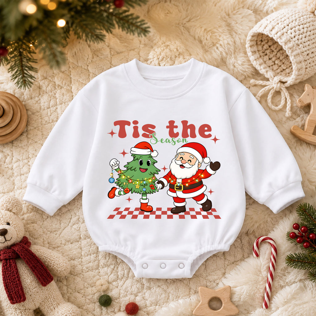 Tis the Season Christmas Baby Romper, Santa Christmas Tree Holiday Outfit, Toddler Xmas Romper, Cute 1st Christmas Gift for Baby — product view 3
