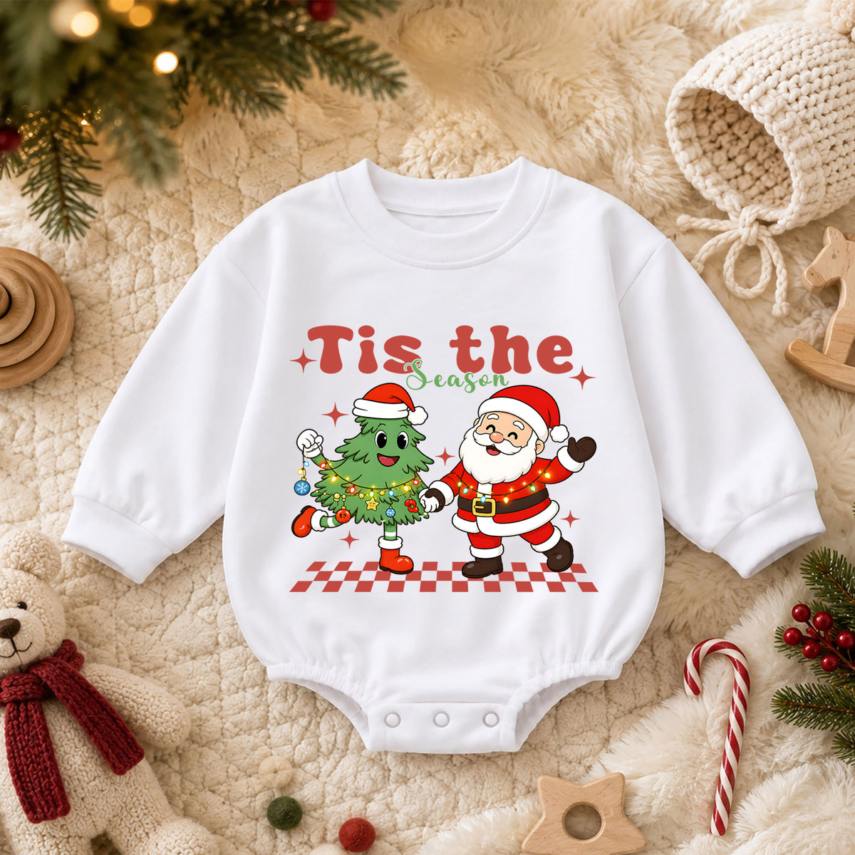 Tis the Season Christmas Baby Romper, Santa Christmas Tree Holiday Outfit, Toddler Xmas Romper, Cute 1st Christmas Gift for Baby — product view 3