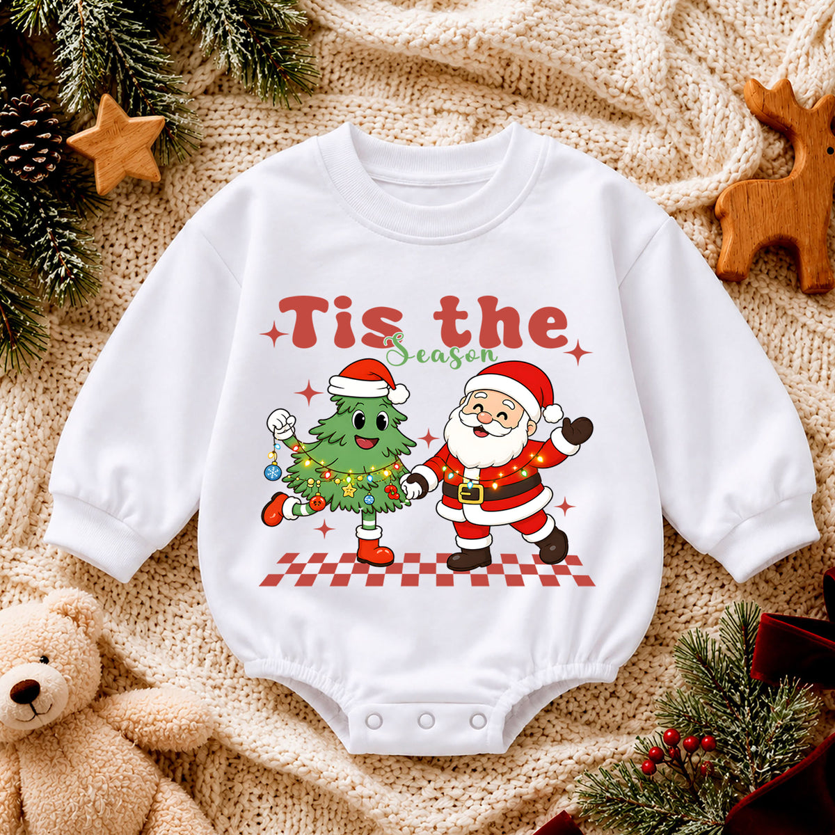 Tis the Season Christmas Baby Romper, Santa Christmas Tree Holiday Outfit, Toddler Xmas Romper, Cute 1st Christmas Gift for Baby — product view 4