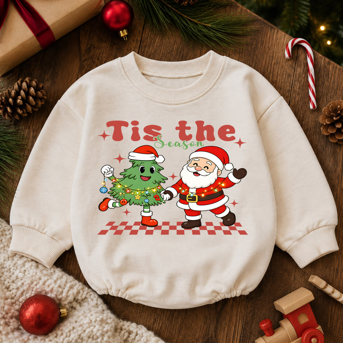 Tis the Season Christmas Baby Romper, Santa Christmas Tree Holiday Outfit, Toddler Xmas Romper, Cute 1st Christmas Gift for Baby — product view 6