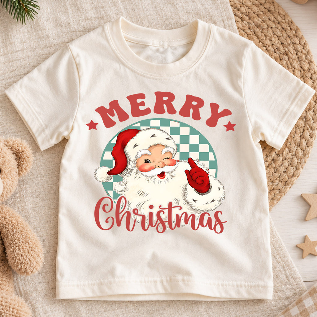 Merry Christmas Kids Shirt, Vintage Santa Claus Tee, Retro Checkerboard Christmas T Shirt, Classic Holiday Gift for Kids — product view 1