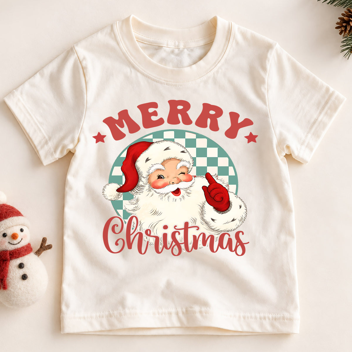 Merry Christmas Kids Shirt, Vintage Santa Claus Tee, Retro Checkerboard Christmas T Shirt, Classic Holiday Gift for Kids — product view 2