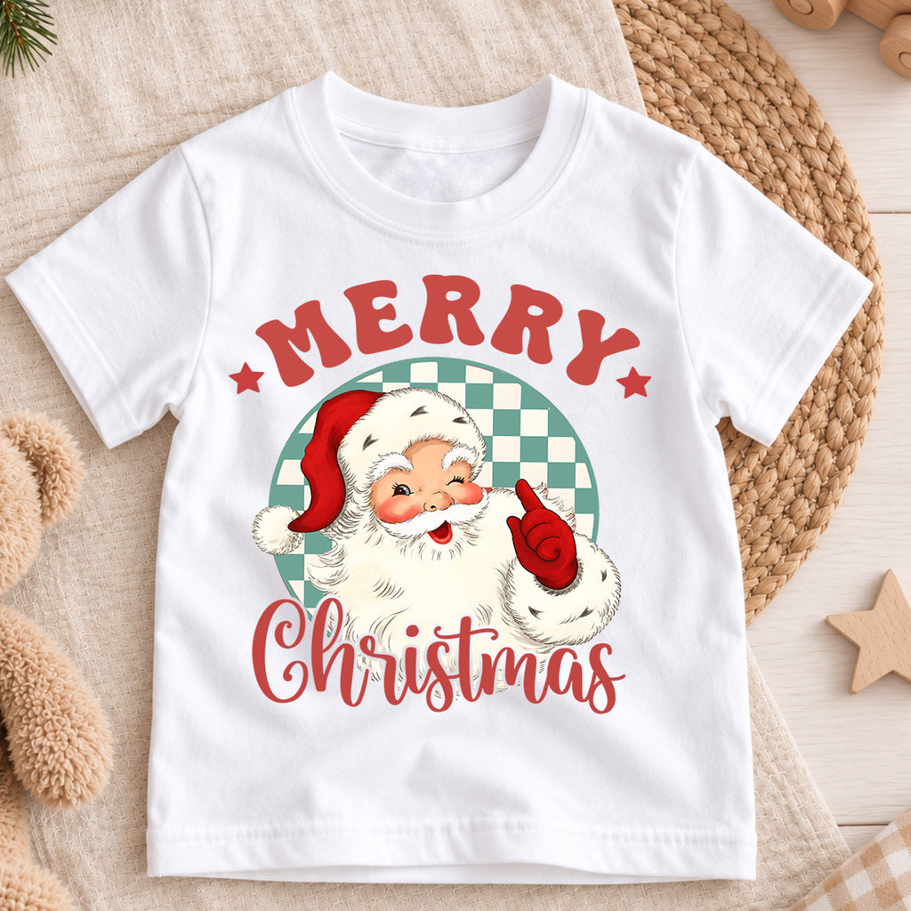 Merry Christmas Kids Shirt, Vintage Santa Claus Tee, Retro Checkerboard Christmas T Shirt, Classic Holiday Gift for Kids — product view 3