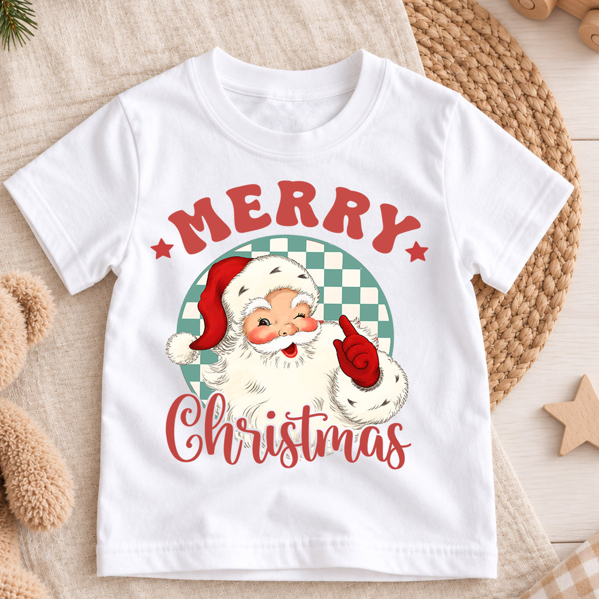 Merry Christmas Kids Shirt, Vintage Santa Claus Tee, Retro Checkerboard Christmas T Shirt, Classic Holiday Gift for Kids — product view 3