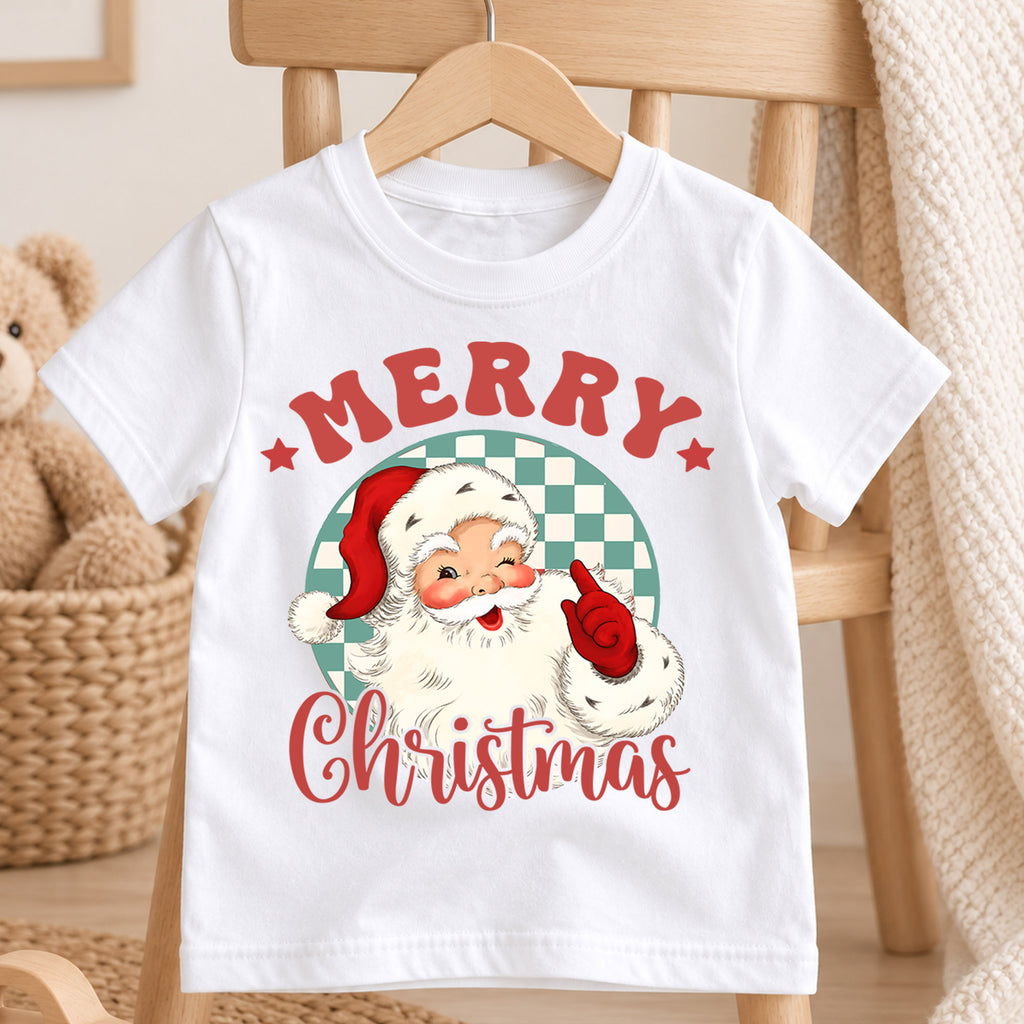 Merry Christmas Kids Shirt, Vintage Santa Claus Tee, Retro Checkerboard Christmas T Shirt, Classic Holiday Gift for Kids — product view 4