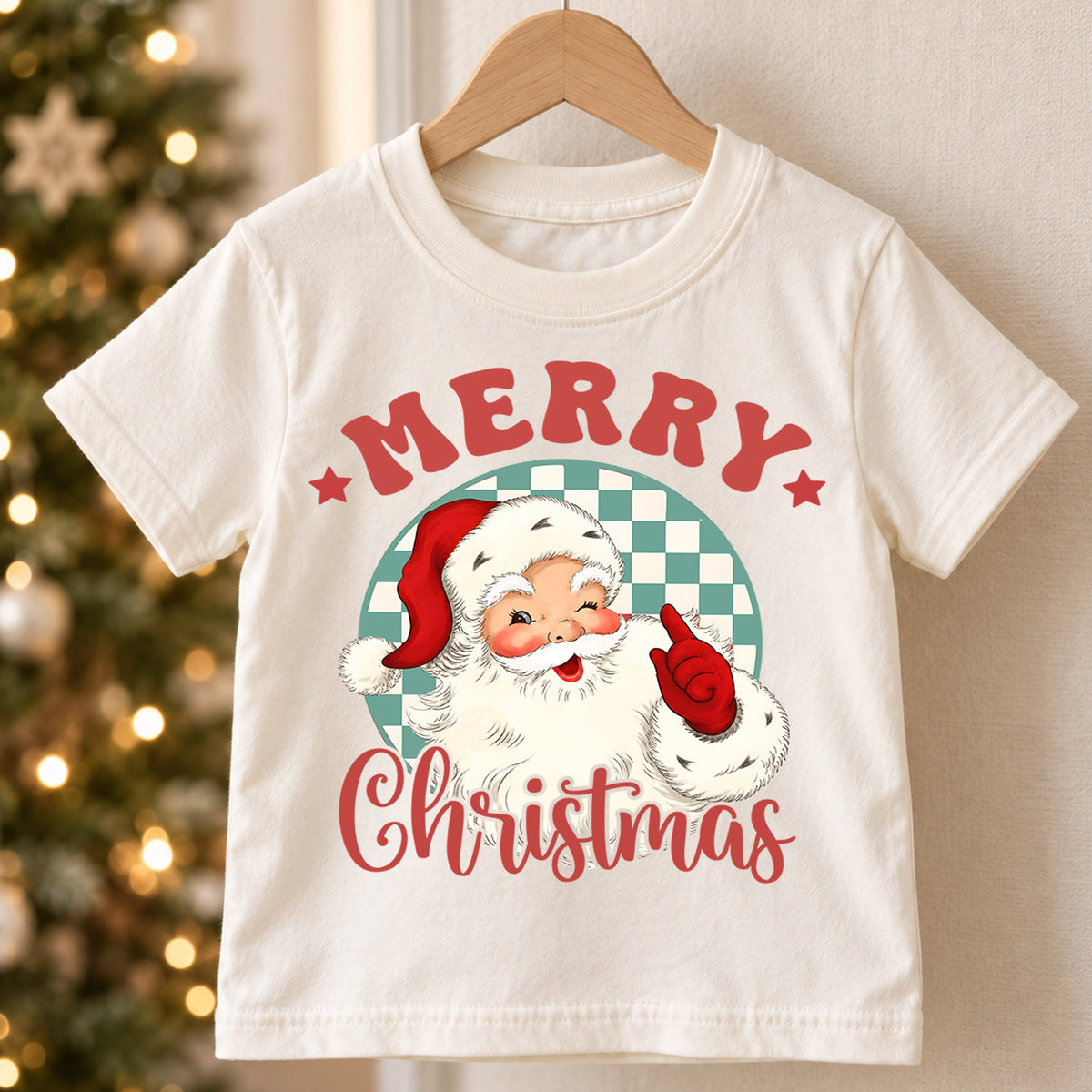 Merry Christmas Kids Shirt, Vintage Santa Claus Tee, Retro Checkerboard Christmas T Shirt, Classic Holiday Gift for Kids — product view 5