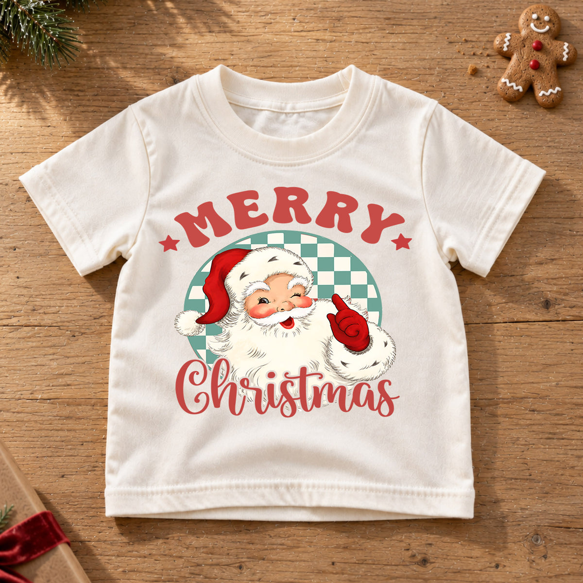 Merry Christmas Kids Shirt, Vintage Santa Claus Tee, Retro Checkerboard Christmas T Shirt, Classic Holiday Gift for Kids — product view 6
