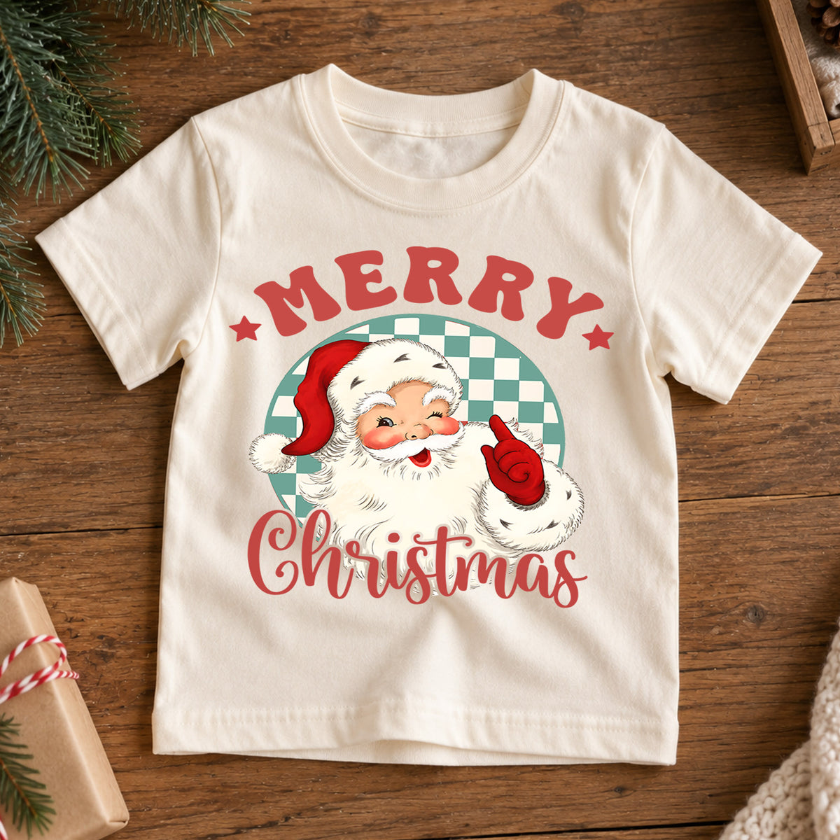 Merry Christmas Kids Shirt, Vintage Santa Claus Tee, Retro Checkerboard Christmas T Shirt, Classic Holiday Gift for Kids — product view 7