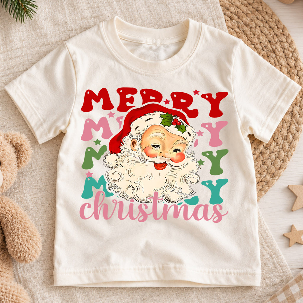 Merry Merry Merry Christmas Kids Shirt, Vintage Santa Holiday Tee, Colorful Retro Xmas T Shirt, Cute Christmas Gift for Kids — product view 1