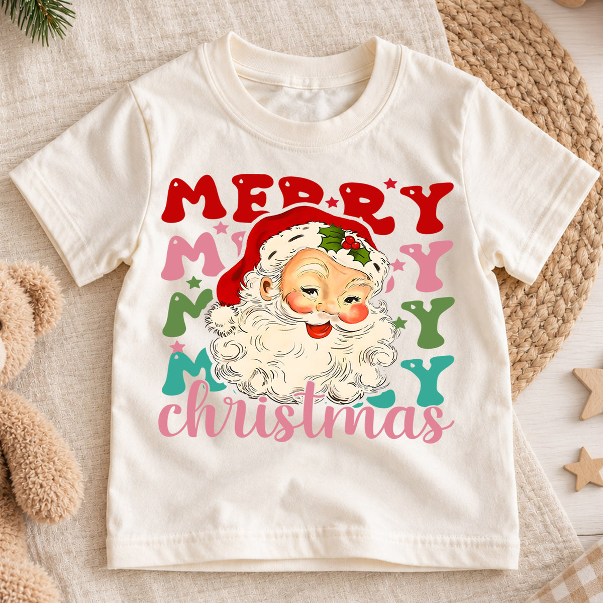 Merry Merry Merry Christmas Kids Shirt, Vintage Santa Holiday Tee, Colorful Retro Xmas T Shirt, Cute Christmas Gift for Kids — product view 1